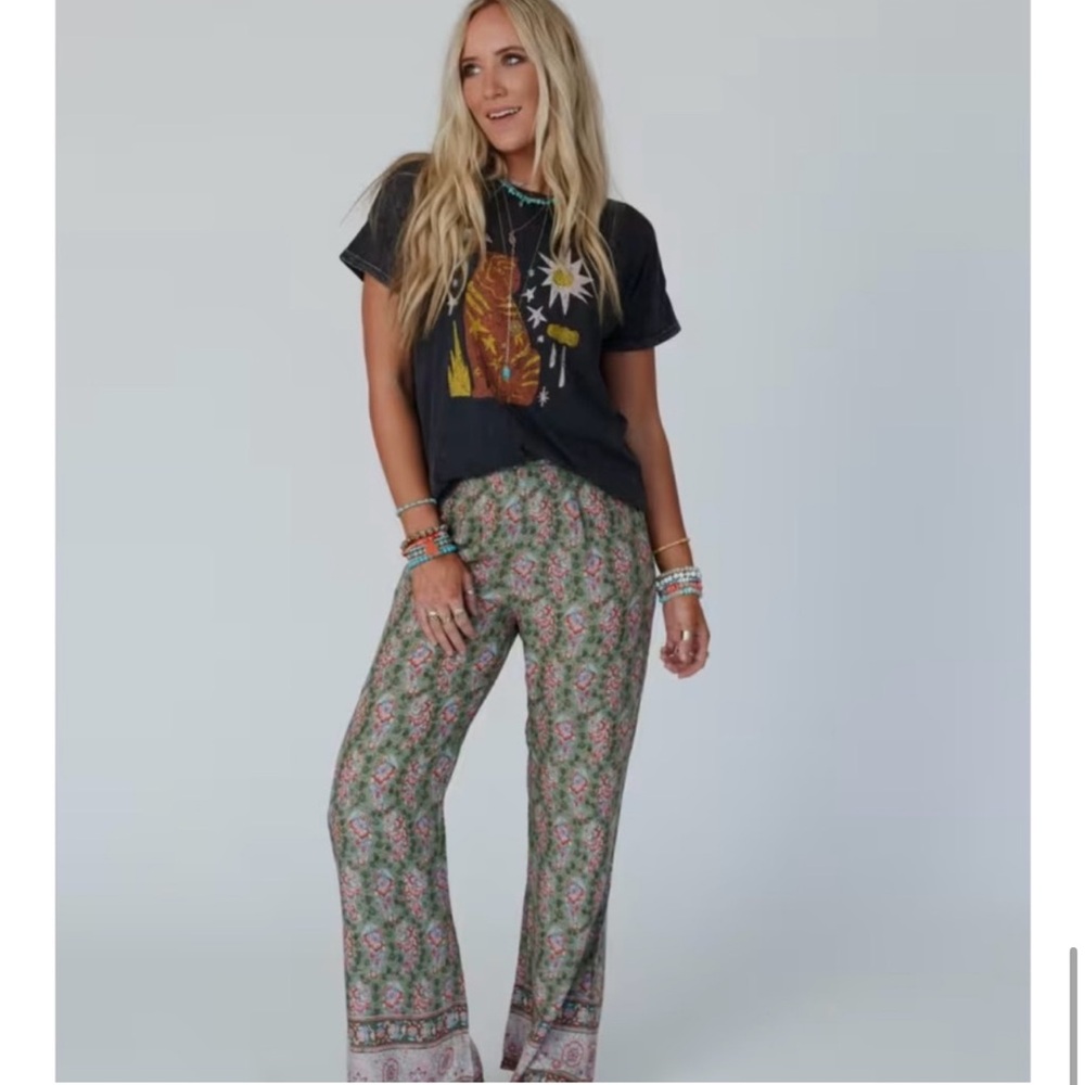 Three Bird Nest Floral Wide Leg Pants - Green and Pink NWT